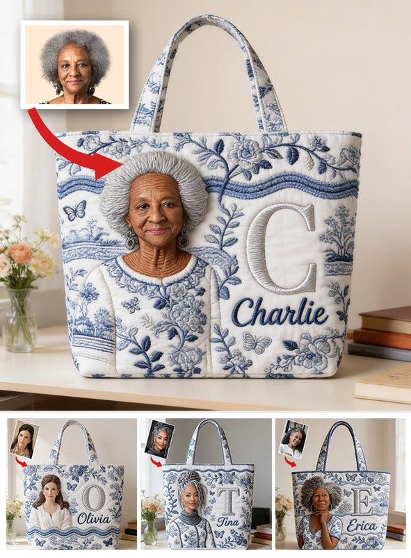 Personalized 3D Embroidered Older Black Woman Portrait Quilted Tote Bag, Custom Monogram Name Gift for Grandma Everyday Use