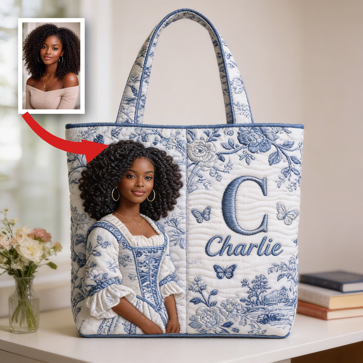 Personalized Custom Black Girl Portrait Monogram Quilted Tote Bag, Unique Self Love Gift for Everyday Use & Outings