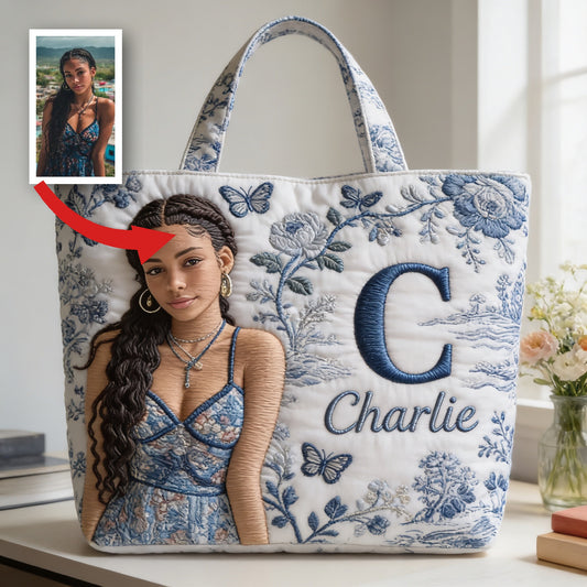 Personalized Embroidered Latina Girl Portrait Quilted Tote Bag, Custom Name Monogram Unique Self Love Everyday Carry Gift