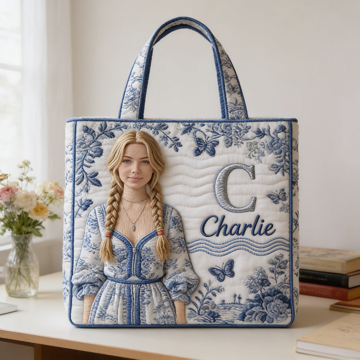 Personalized Embroidered Blonde Braided Girl Quilted Tote Bag - Custom Name Self Love Gift for Everyday Use