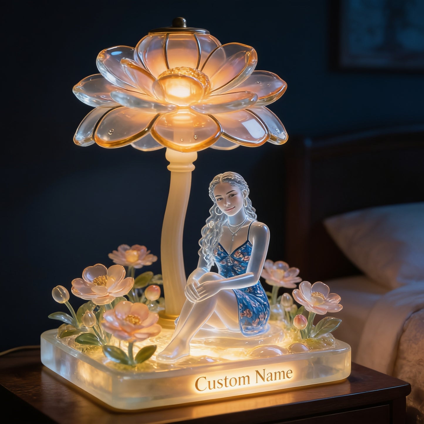 Custom Name Elegant Seated Latina Girl Lotus Flower Acrylic LED Night Light, Personalized Self Love Bedroom Decor Gift