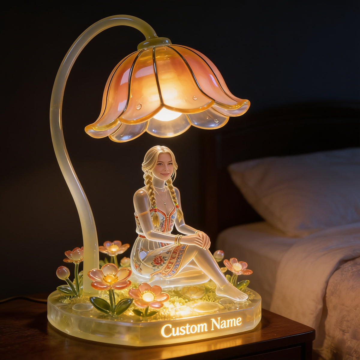 Personalized Custom Name Blonde Braided Girl Floral Acrylic LED Night Light, Cozy Self Love Bedroom Decor Gift