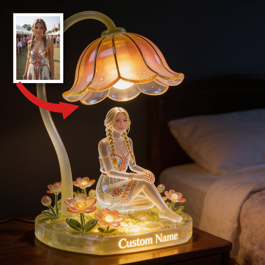 Lampe de Nuit LED Acrylique Personnalisée Fille Fleurie, Cadeau Décor Chambre