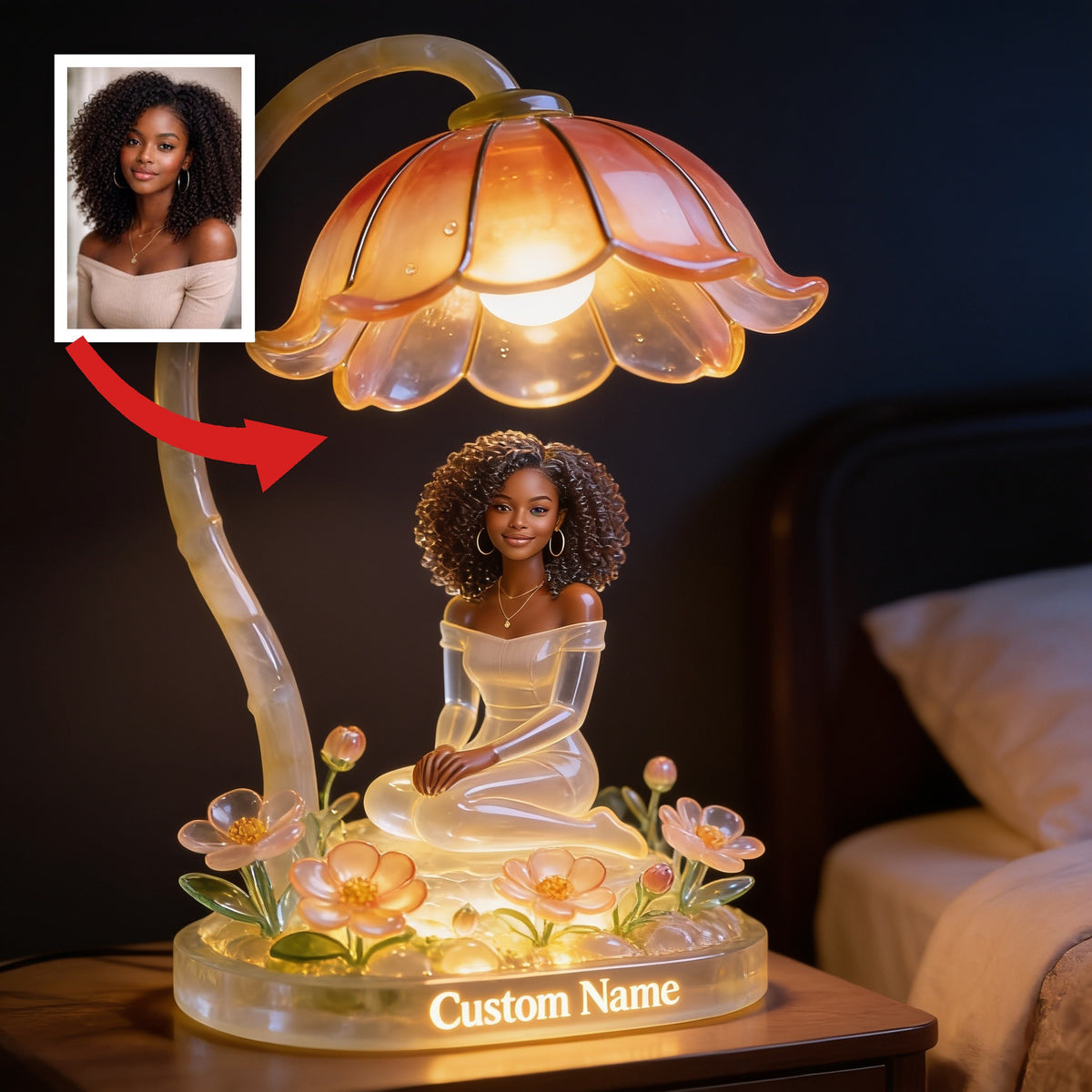 Personalized Curly Haired Black Girl Floral Acrylic LED Night Light Custom Name Self Love Bedroom Decor Gift