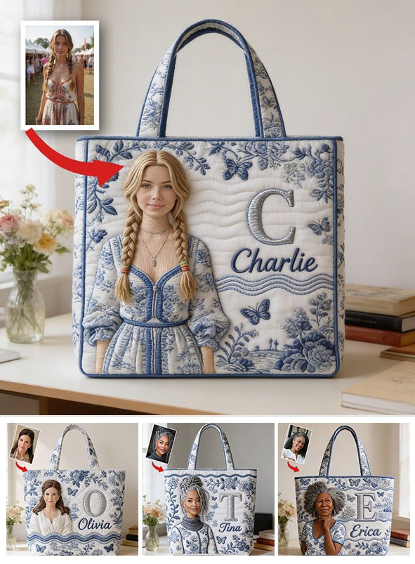 Personalized Embroidered Blonde Braided Girl Quilted Tote Bag - Custom Name Self Love Gift for Everyday Use