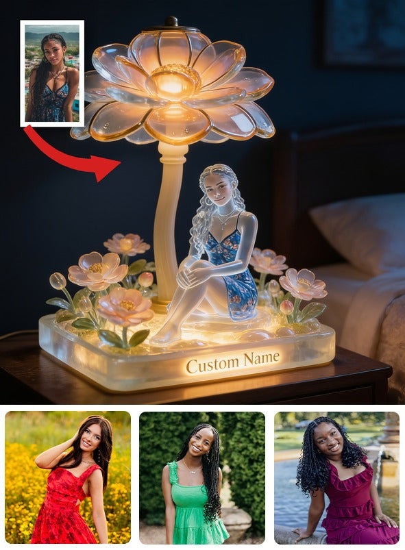 Custom Name Elegant Seated Latina Girl Lotus Flower Acrylic LED Night Light, Personalized Self Love Bedroom Decor Gift