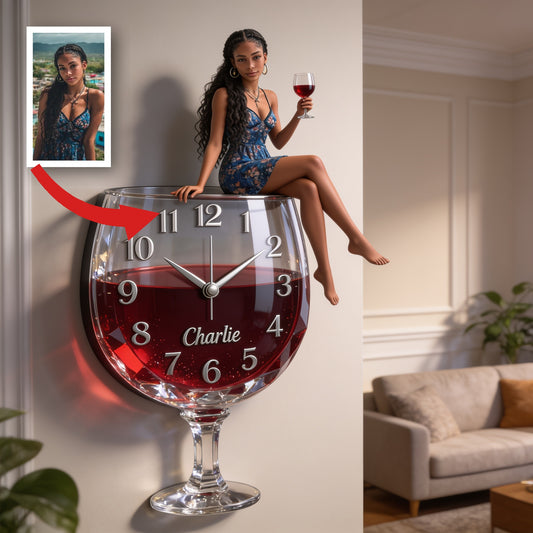 Horloge Murale Acrylique Personnalisée en Forme de Verre à Vin, Élégante Femme Latina Amoureuse du Vin Décor Unique pour la Maison