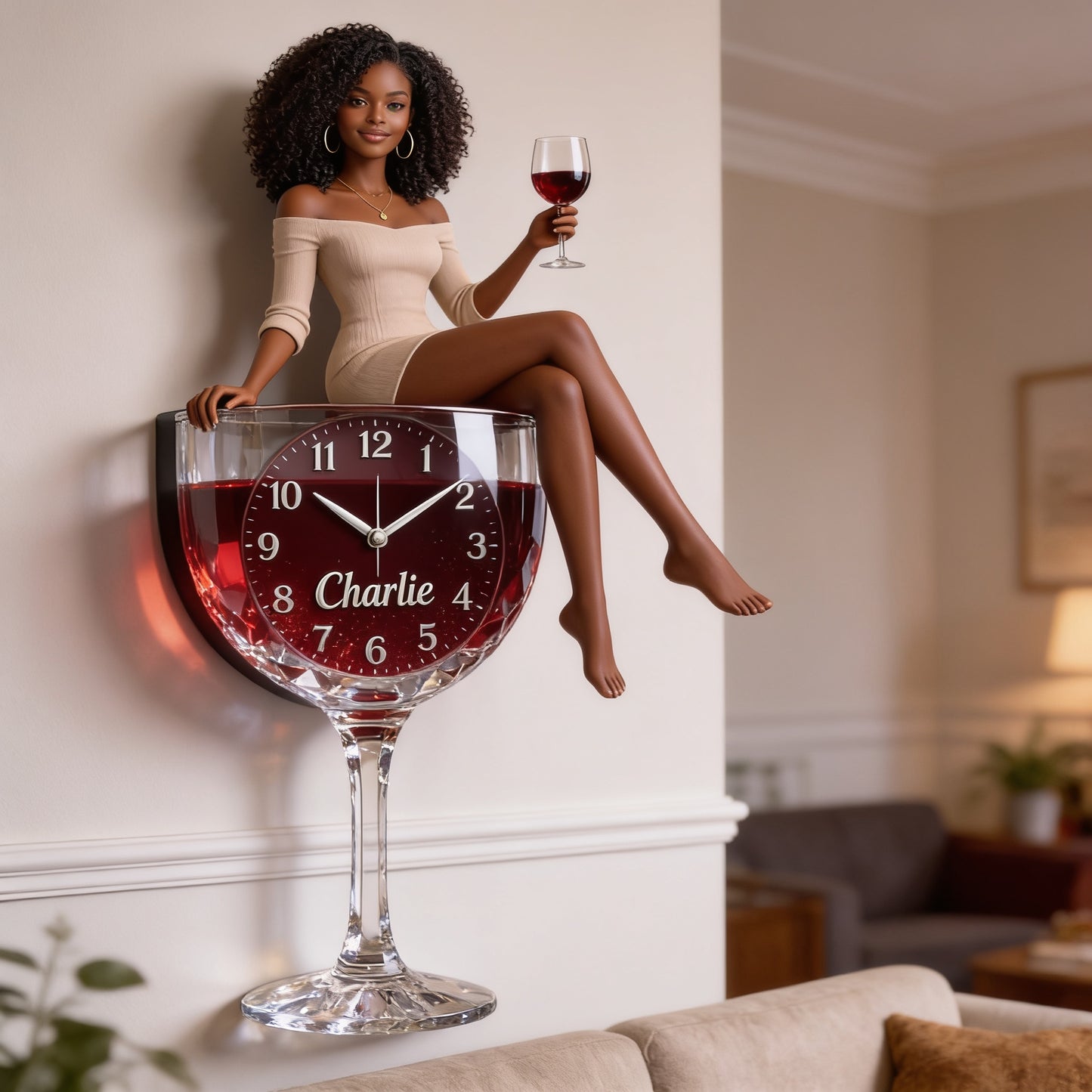 Personalized Curly Haired Adult Black Woman Wine Glass Acrylic Wall Clock, Unique Wine Lover Home Decor Gift