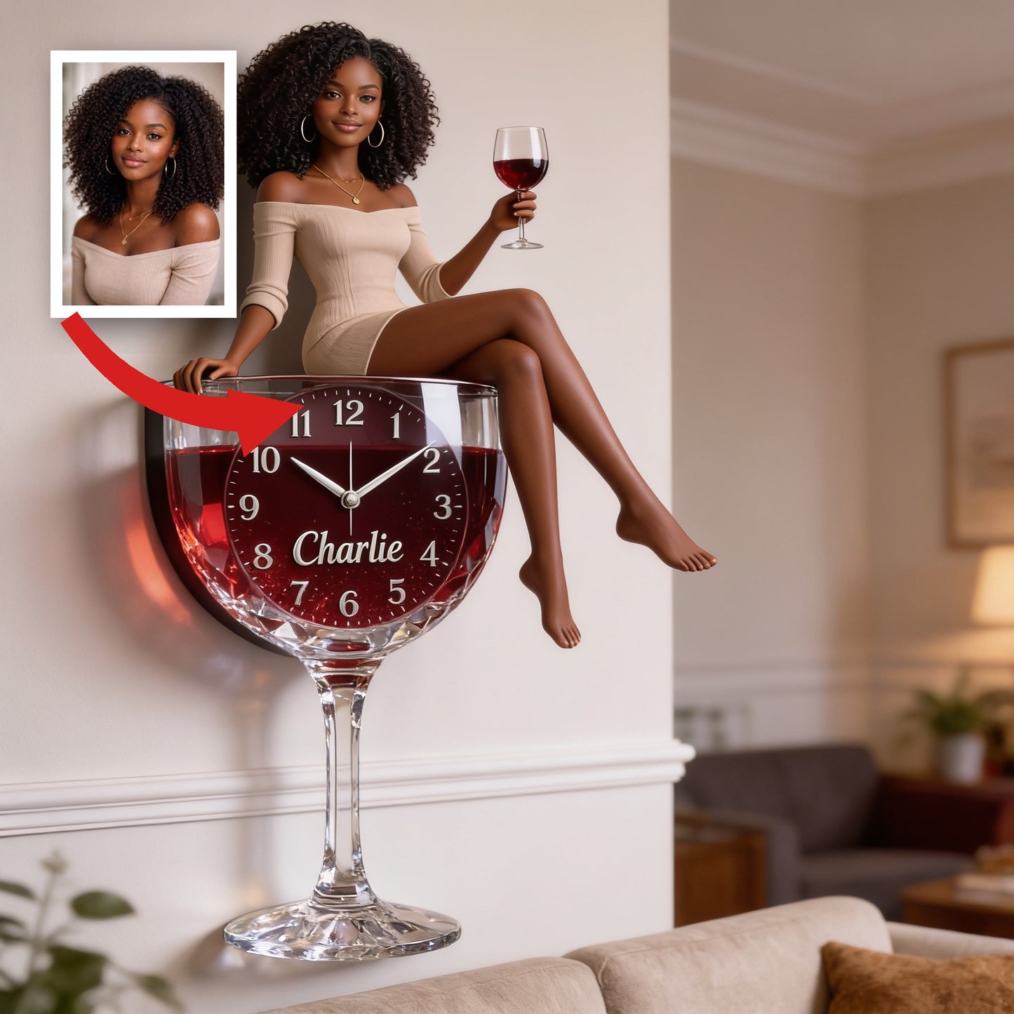Personalized Curly Haired Adult Black Woman Wine Glass Acrylic Wall Clock, Unique Wine Lover Home Decor Gift
