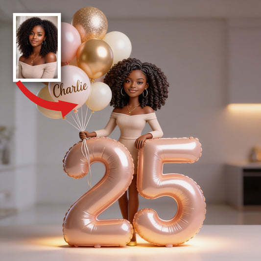 Plaque Acrylique Personnalisée d'Anniversaire - Portrait Élégant Femme Noire avec Ballons & Âge Personnalisé, Cadeau Unique pour Elle