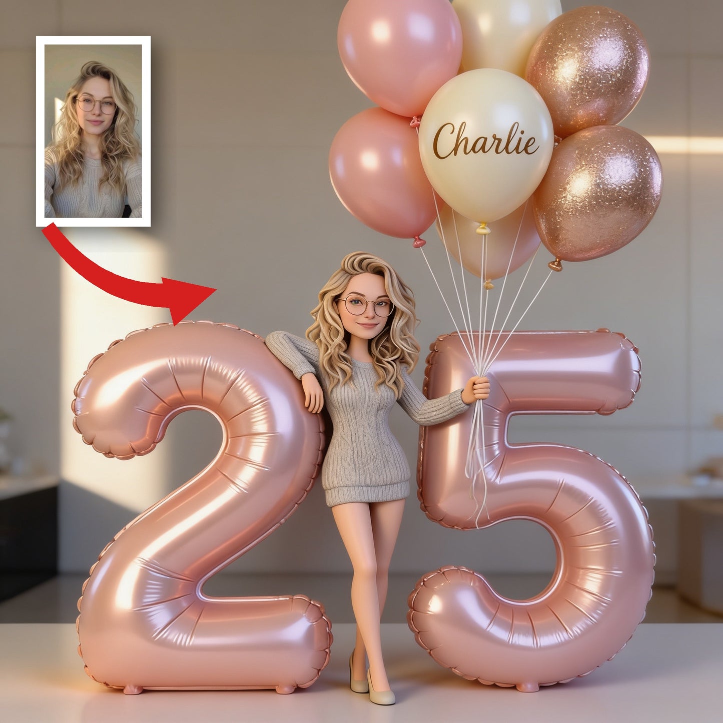 Custom Shaped Personalized Milestone Birthday Acrylic Plaque, Adult Woman with Balloons & Age Number Keepsake Gift