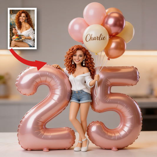 Plaque Acrylique Personnalisée pour Anniversaire, Femme Latina Adulte aux Cheveux Roux avec Ballons & Âge Personnalisé, Cadeau Unique
