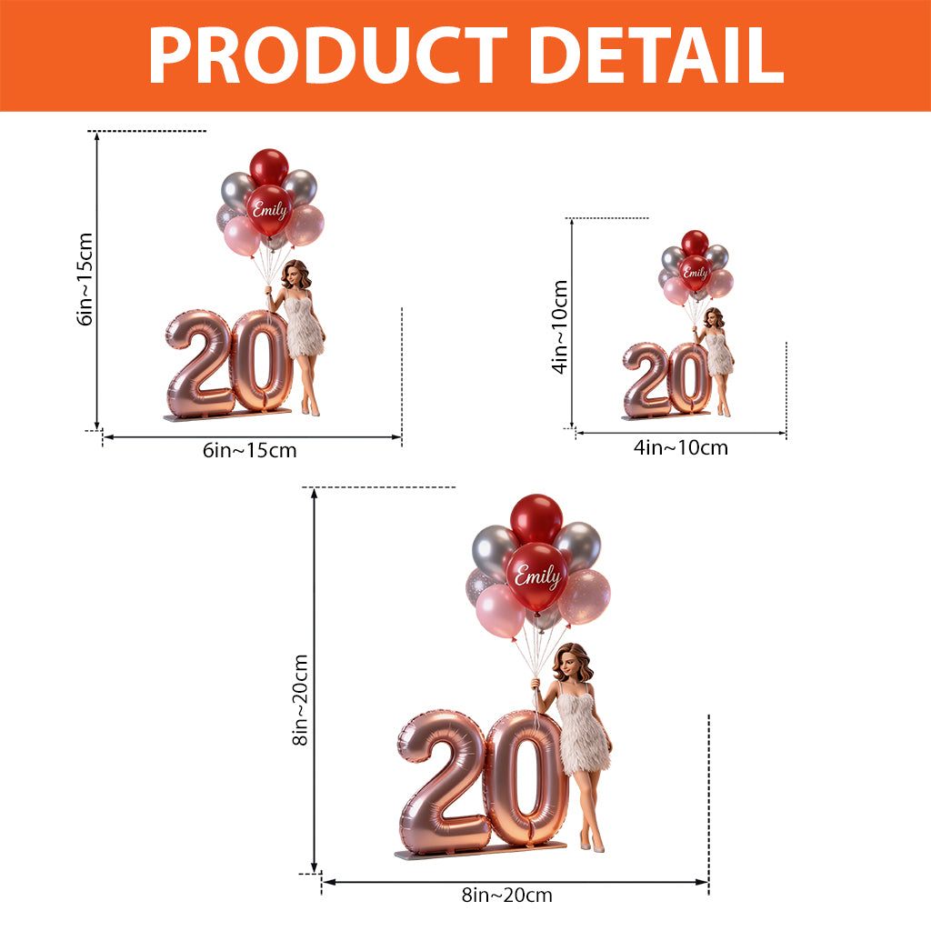 Personalized Birthday Custom Shaped Acrylic Plaque, Curly Red Hair Adult Latina Woman with Balloons & Custom Age Number, Unique Milestone Gift