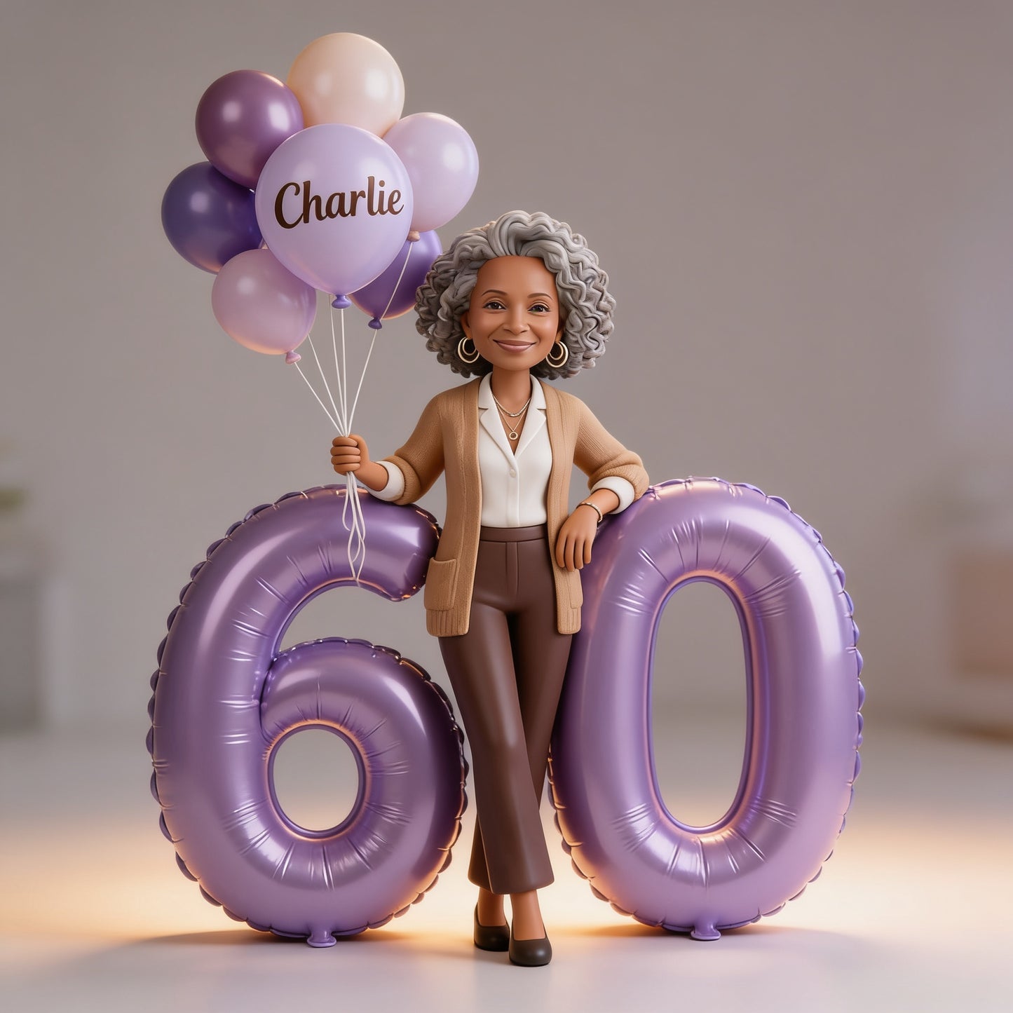 Personalized 60th Birthday Custom Shaped Acrylic Plaque, Elegant Older Black Woman Portrait with Balloons Milestone Keepsake Gift