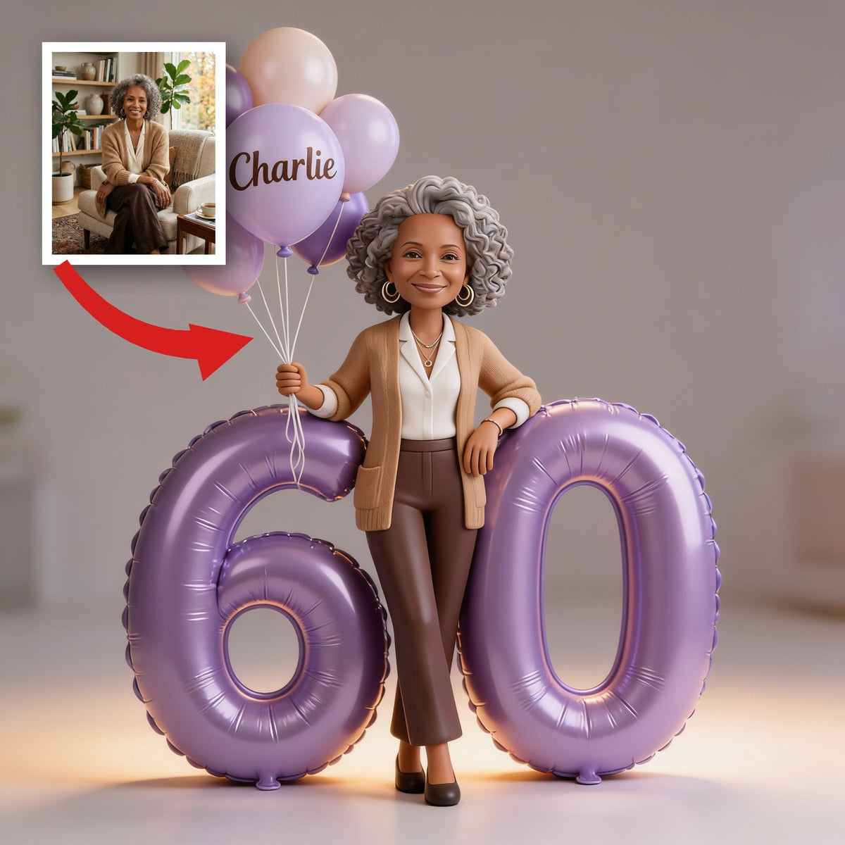 Personalized 60th Birthday Custom Shaped Acrylic Plaque, Elegant Older Black Woman Portrait with Balloons Milestone Keepsake Gift