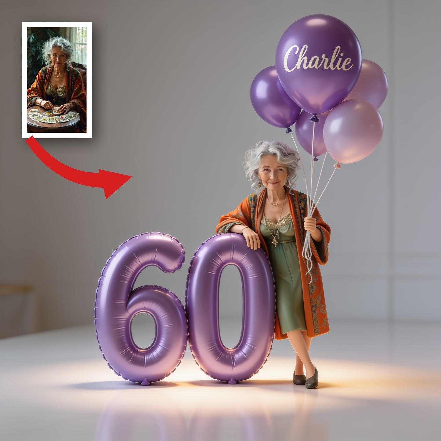 Personalized 60th Birthday Custom Shaped Acrylic Plaque, Elegant Older Latina Woman with Balloons Keepsake Gift for Grandma