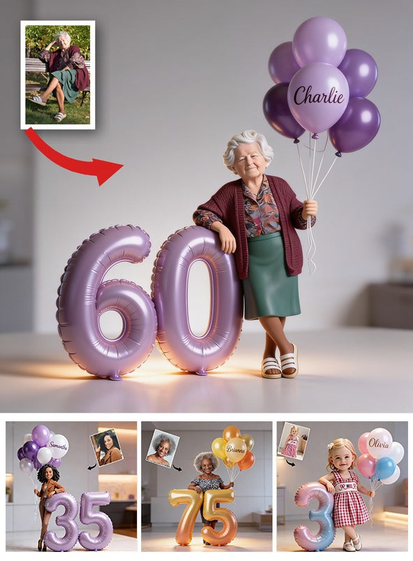 Personalized 60th Birthday Custom Shaped Acrylic Plaque, Older Woman with Balloons Custom Grandma Birthday Gift