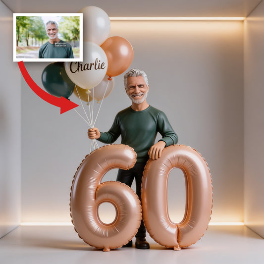 Plaque Acrylique Personnalisée pour 60e Anniversaire, Portrait d'Homme Latin Âgé avec Ballons, Cadeau Unique pour Lui