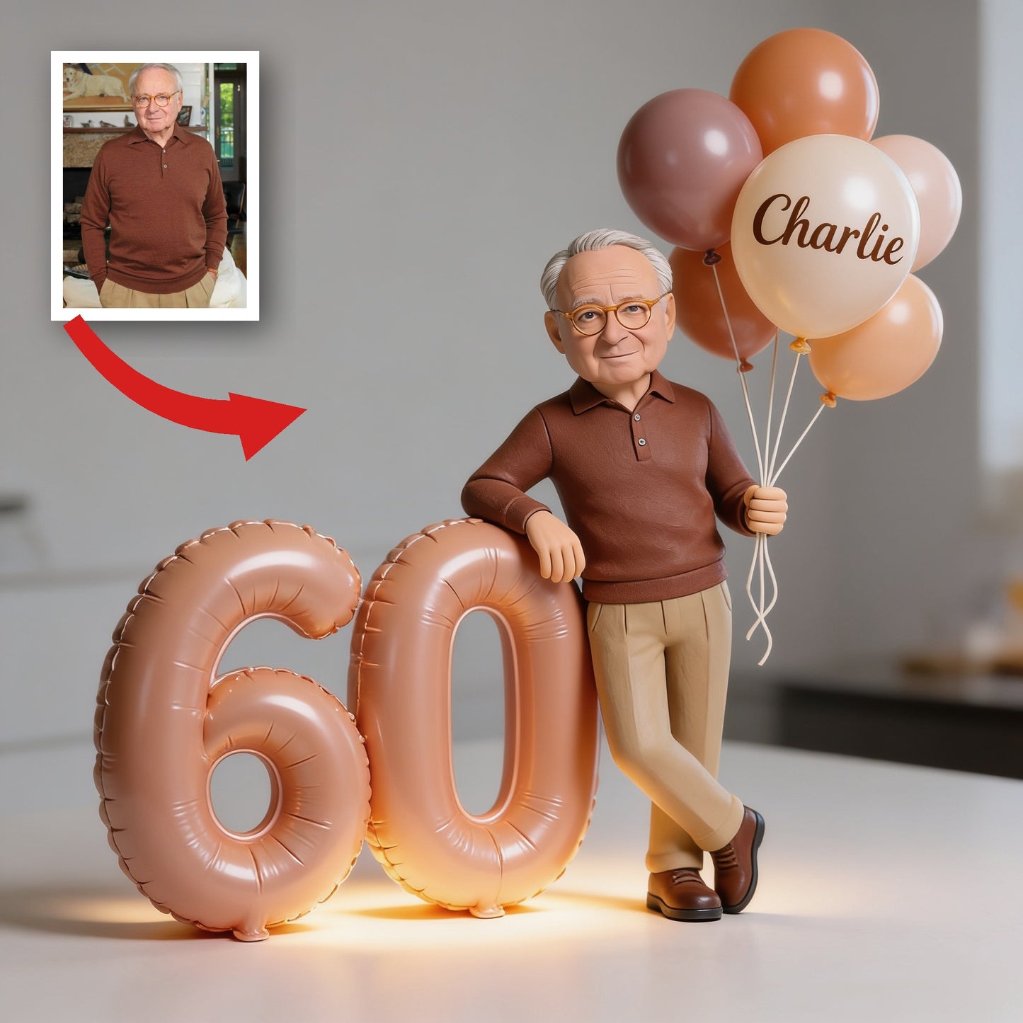 Personalized Older Man 60th Birthday Custom Shaped Acrylic Plaque, Custom Photo Balloon Milestone Gift for Dad Grandpa