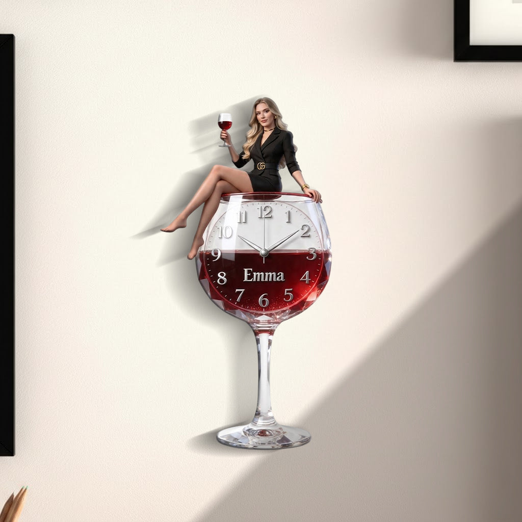 Custom Elegant Older Woman Wine Glass Acrylic Wall Clock | Personalized Wine Lover Home Decor Retirement Gift