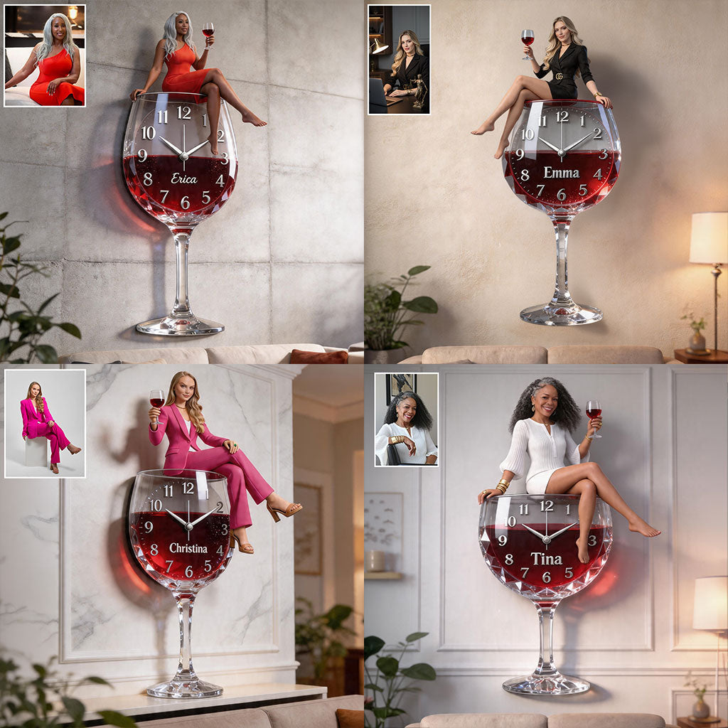 Personalized Curly Haired Adult Black Woman Wine Glass Acrylic Wall Clock, Unique Wine Lover Home Decor Gift