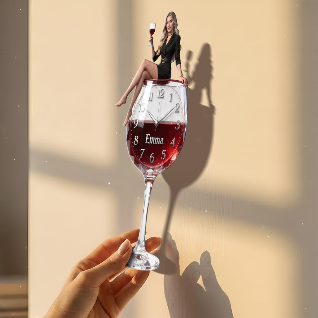 Personalized Curly Haired Adult Black Woman Wine Glass Acrylic Wall Clock, Unique Wine Lover Home Decor Gift