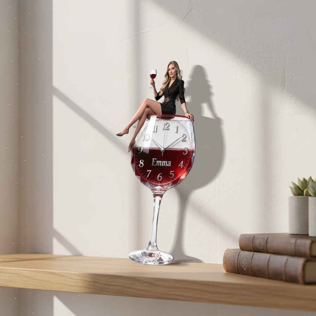 Custom Elegant Older Woman Wine Glass Acrylic Wall Clock | Personalized Wine Lover Home Decor Retirement Gift