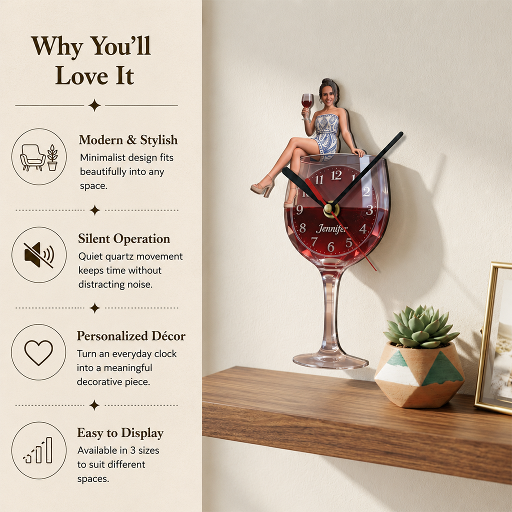 Custom Elegant Older Woman Wine Glass Acrylic Wall Clock | Personalized Wine Lover Home Decor Retirement Gift