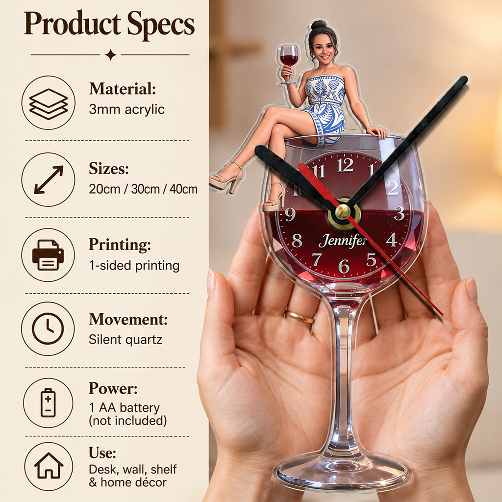 Personalized Curly Haired Adult Black Woman Wine Glass Acrylic Wall Clock, Unique Wine Lover Home Decor Gift