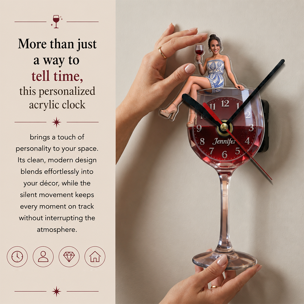 Personalized Curly Haired Adult Black Woman Wine Glass Acrylic Wall Clock, Unique Wine Lover Home Decor Gift