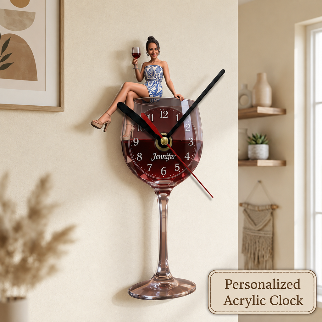Custom Elegant Older Woman Wine Glass Acrylic Wall Clock | Personalized Wine Lover Home Decor Retirement Gift