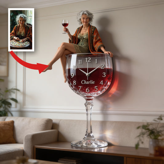 Horloge Murale en Acrylique Personnalisée avec Verre à Vin, Cadeau Élégant pour Amatrice de Vin