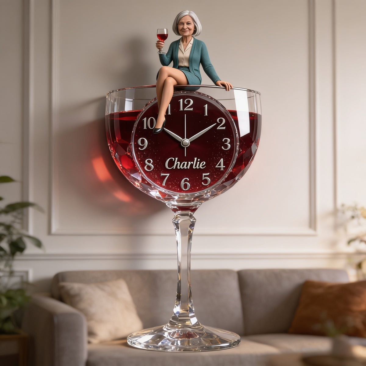 Custom Elegant Older Woman Wine Glass Acrylic Wall Clock | Personalized Wine Lover Home Decor Retirement Gift