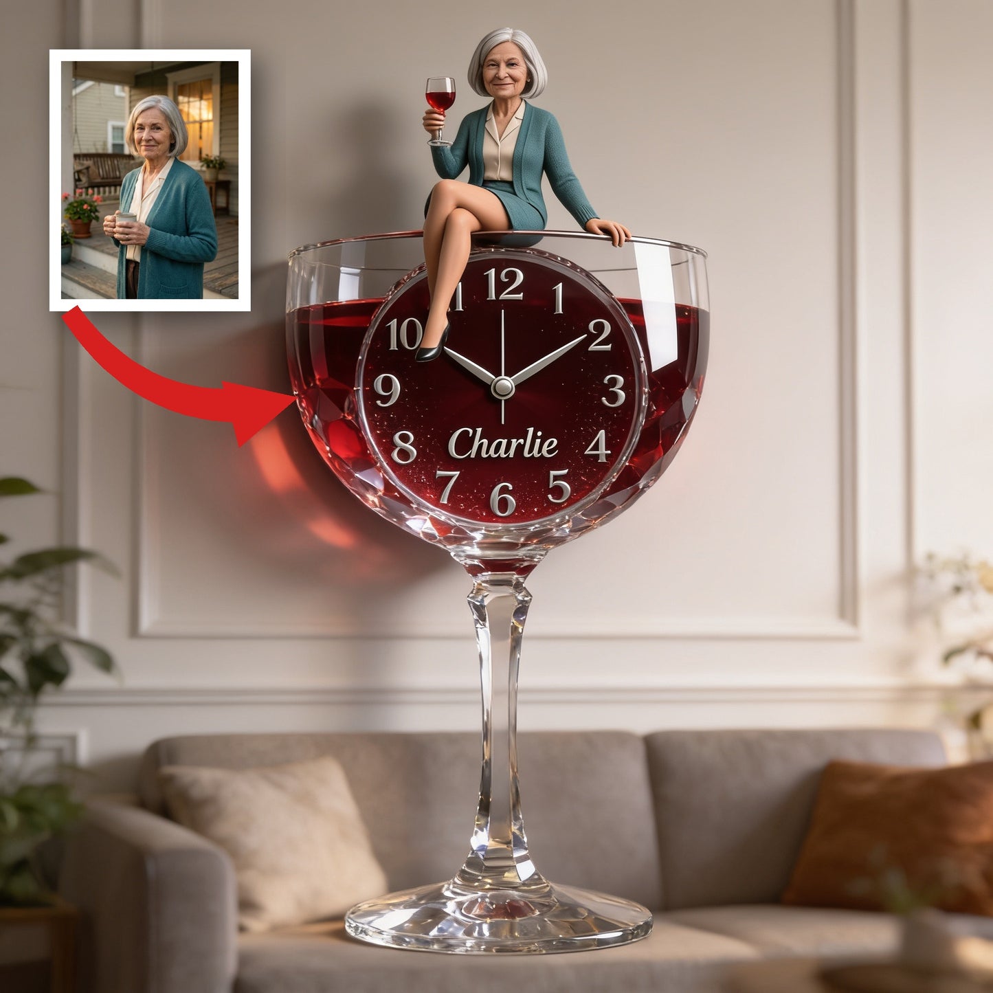 Custom Elegant Older Woman Wine Glass Acrylic Wall Clock | Personalized Wine Lover Home Decor Retirement Gift