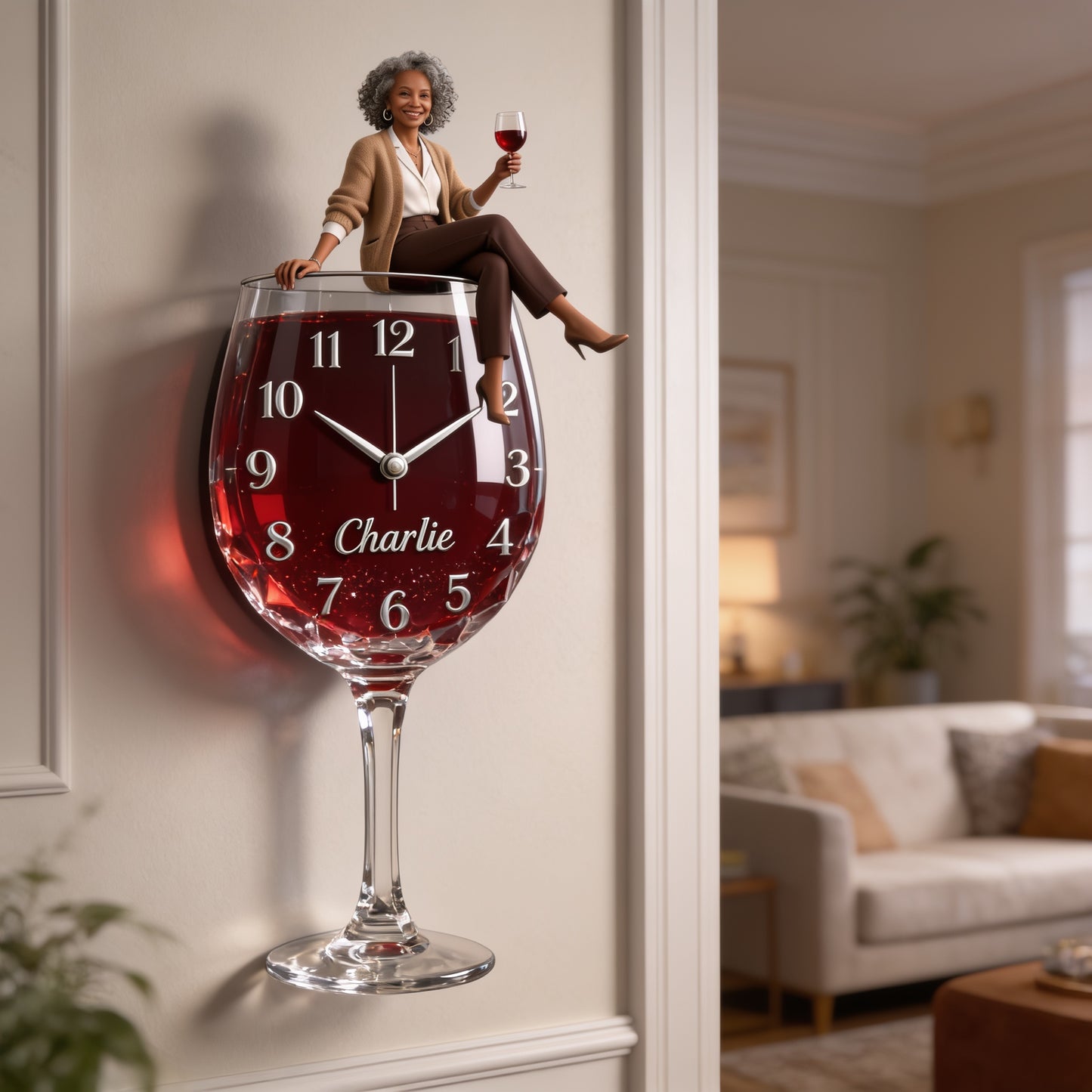 Personalized Wine Glass Shaped Acrylic Wall Clock, Cheerful Older Black Woman Wine Lover Design, Unique Home Decor Gift