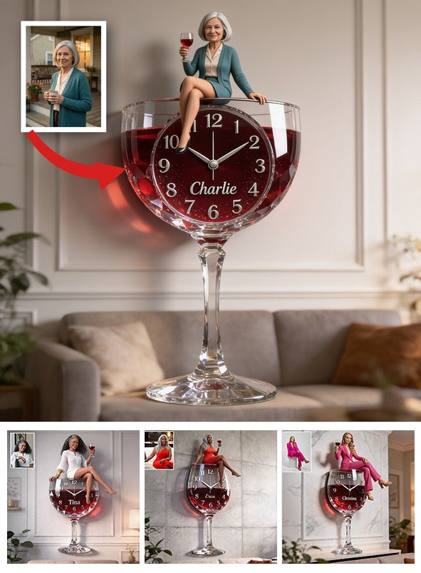 Custom Elegant Older Woman Wine Glass Acrylic Wall Clock | Personalized Wine Lover Home Decor Retirement Gift