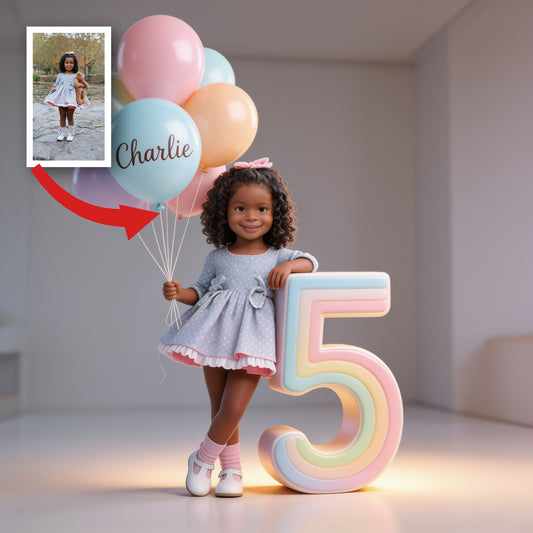 Plaque Acrylique Personnalisée Anniversaire Enfant, Portrait Petite Fille Noire avec Ballons