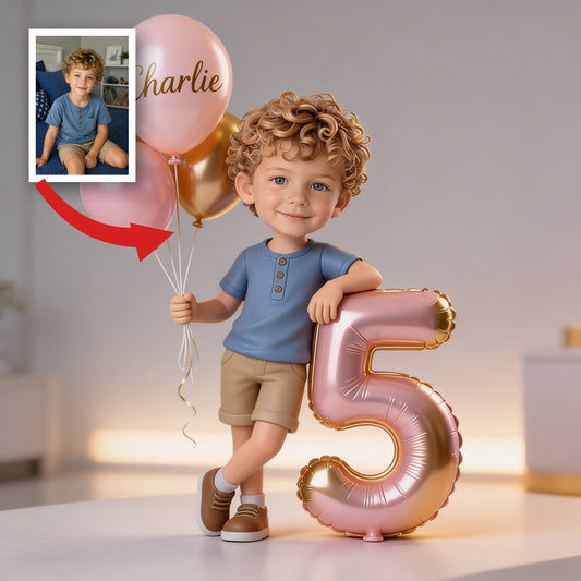 Plaque Acrylique d'Anniversaire Personnalisée pour Petit Garçon aux Cheveux Bouclés - Ballons Photo Personnalisés Âge Numéro Cadeau Souvenir
