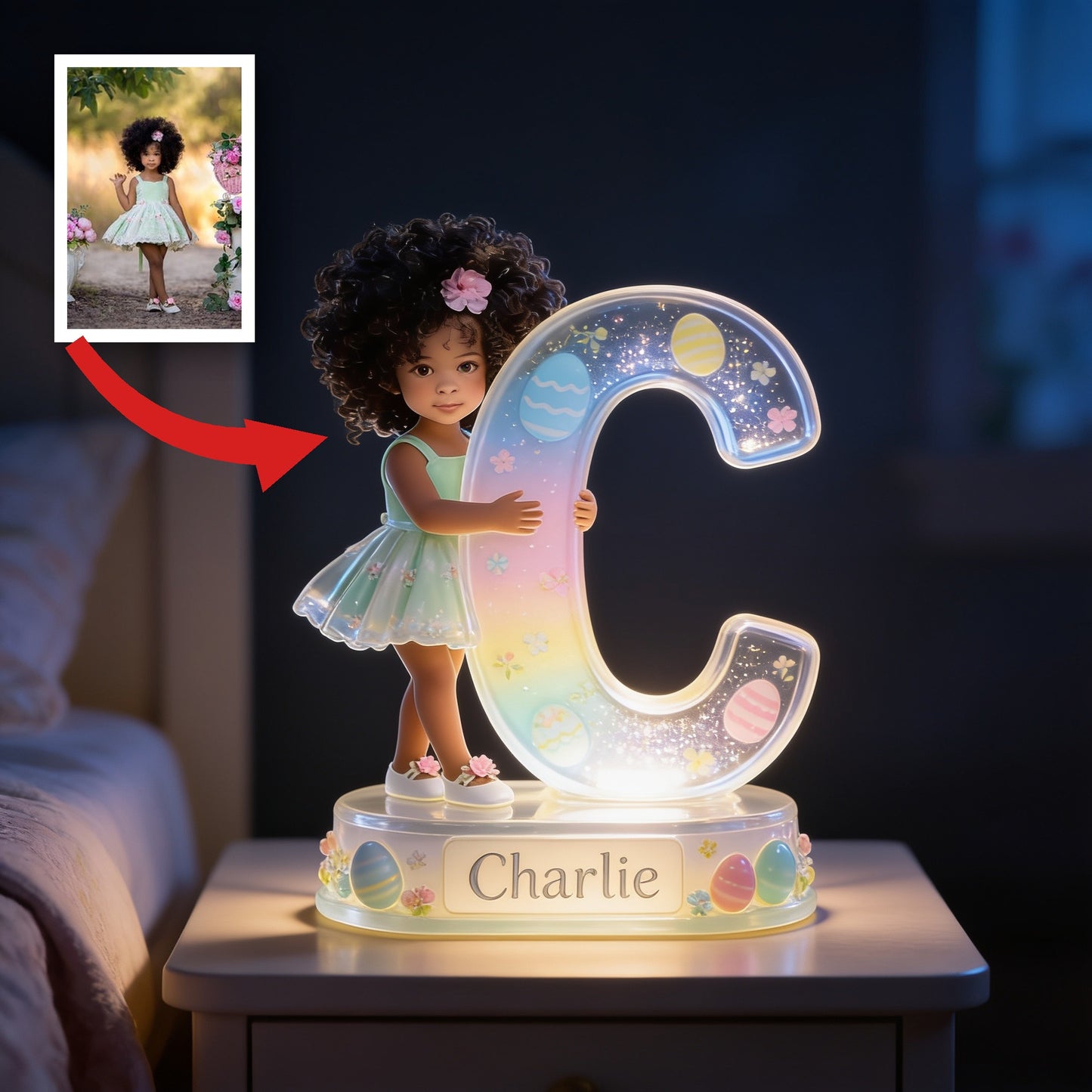 Personalized Easter Curly Haired Young Girl Acrylic LED Night Light Black Kids Gift
