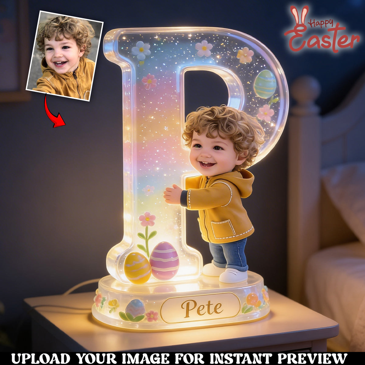 Personalized Easter Young Girl Alphabet Acrylic LED Night Light Latina Kids Gift
