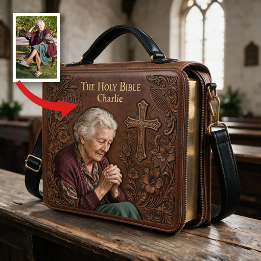 Custom Photo Praying Elderly Woman Leather Bible Cover Bag Christian Gift