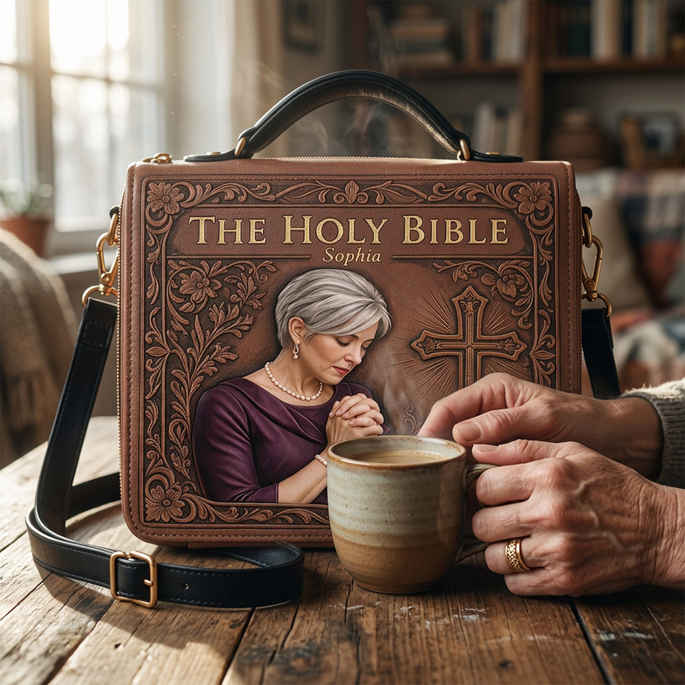 Custom Photo Praying Elderly Latina Woman Leather Bible Cover Bag Religious Gift