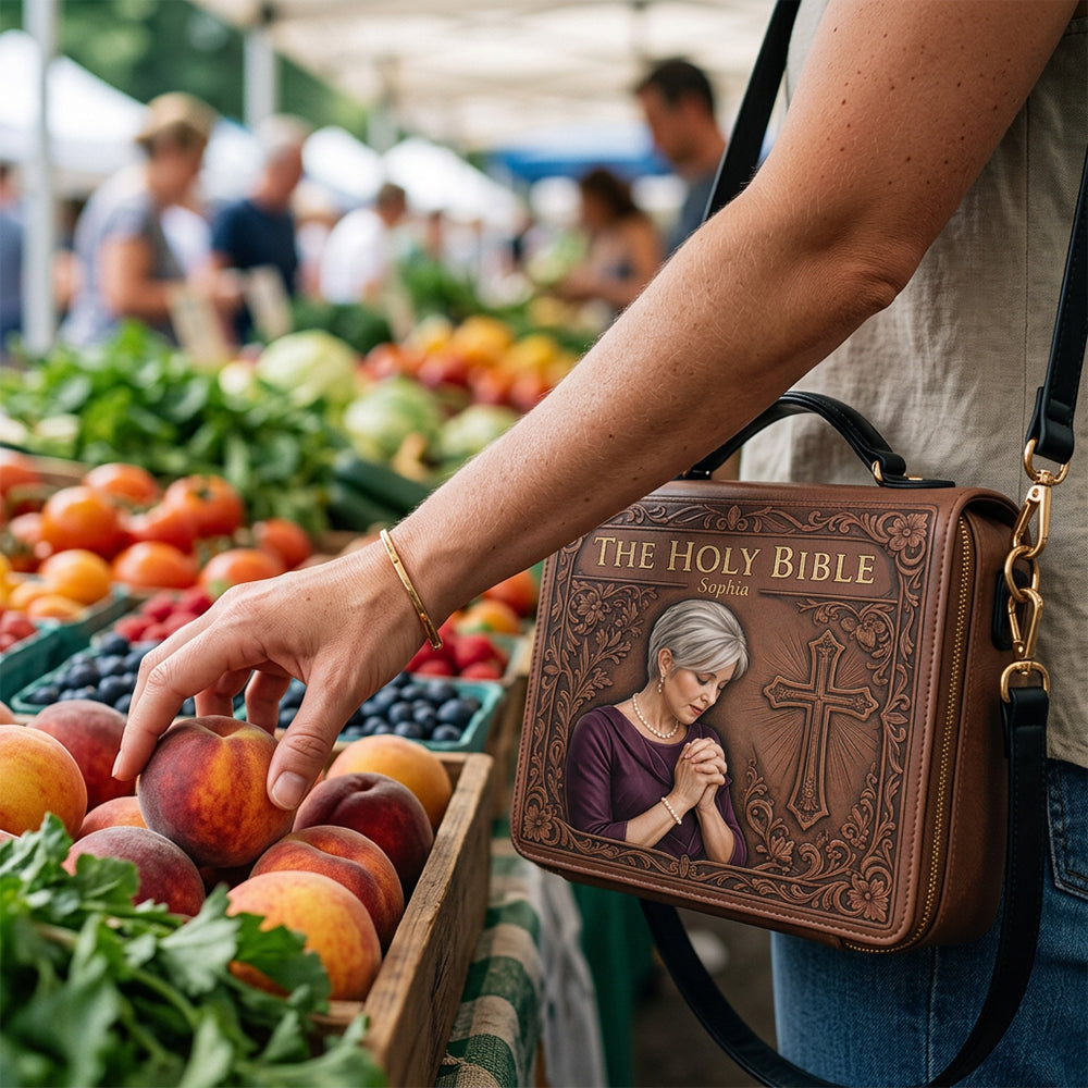 Custom Photo Praying Elderly Black Woman Leather Bible Cover Bag Christian Gift