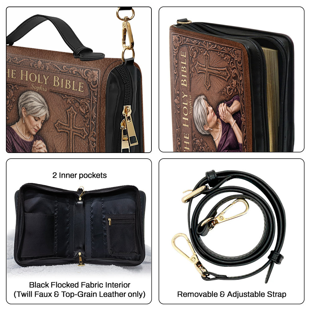 Custom Photo Praying Elderly Woman Leather Bible Cover Bag Christian Gift