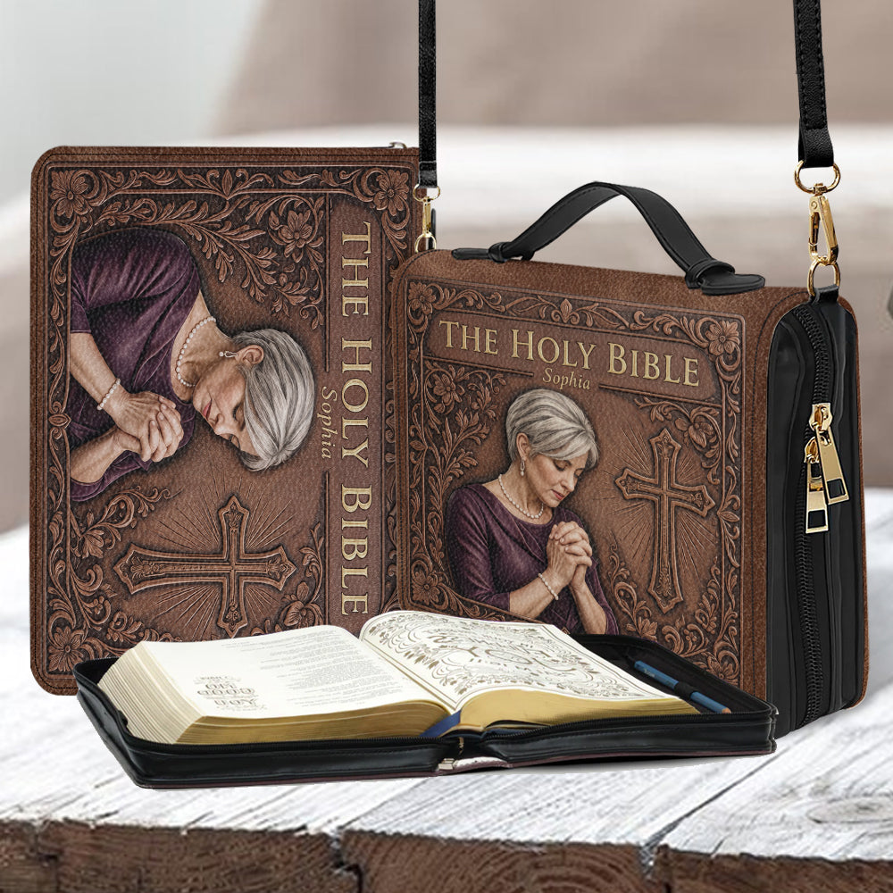 Custom Photo Praying Elderly Woman Leather Bible Cover Bag Christian Gift
