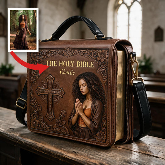 Custom Photo Praying Young Black Woman Leather Bible Cover Bag Christian Gift