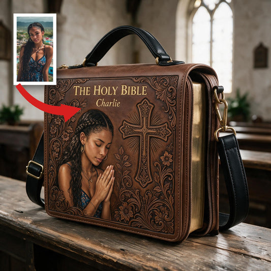 Custom Photo Praying Young Latina Woman Leather Bible Cover Bag Christian Gift