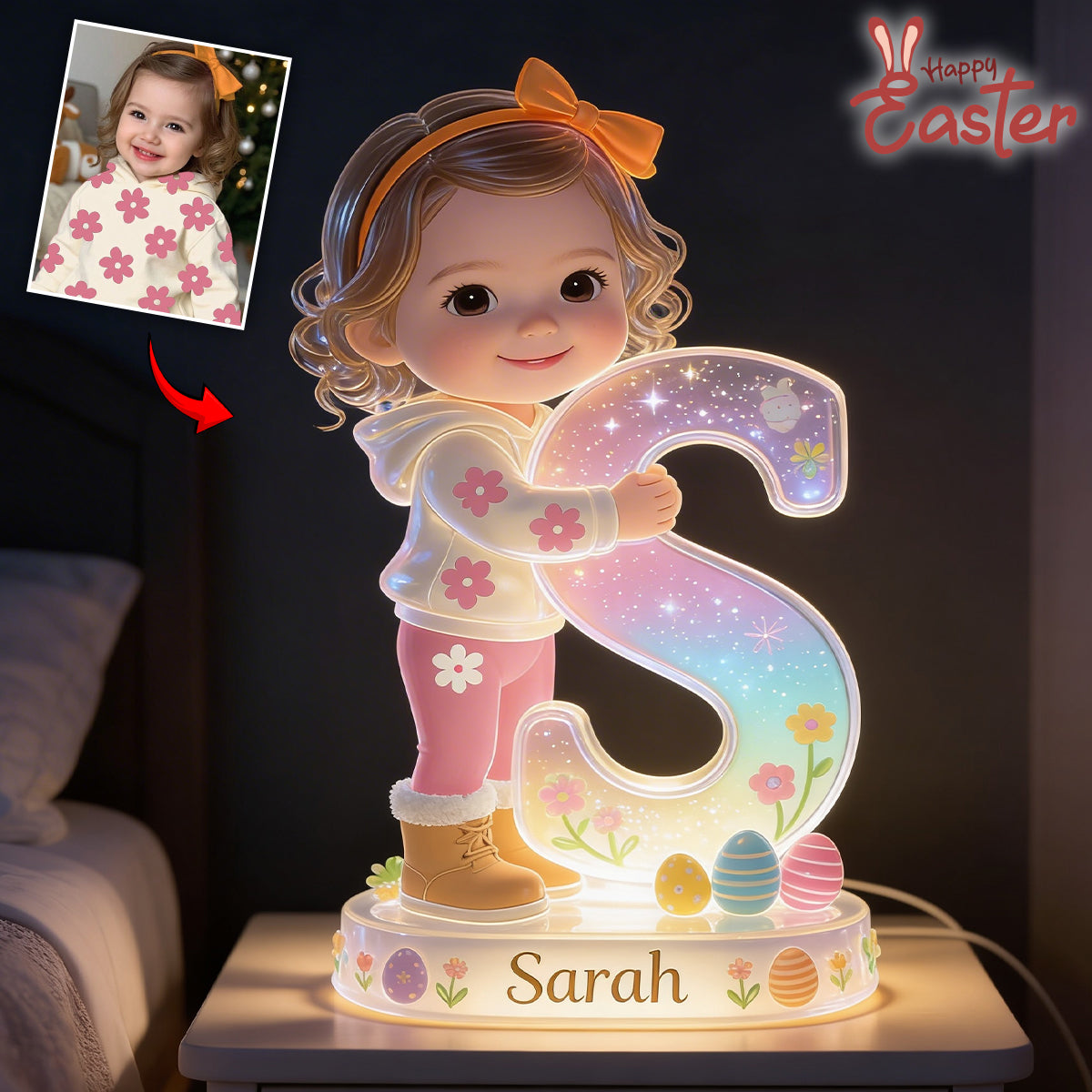 Personalized Easter Smiling Young Boy Acrylic LED Night Light Black Kid Gift