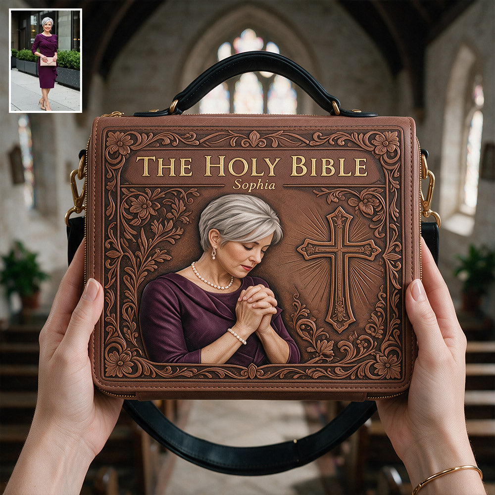 Custom Photo Praying Young Black Woman Leather Bible Cover Bag Christian Gift