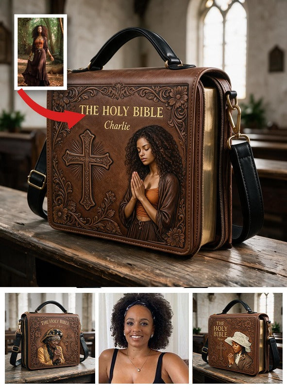 Custom Photo Praying Young Black Woman Leather Bible Cover Bag Christian Gift